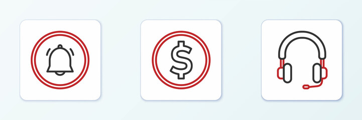 Fototapeta premium Set line Headphones, Button chat notification and Coin money with dollar icon. Vector