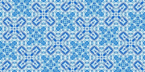  Blue white watercolor azulejo tile border background. Seamless coastal geometrical floral mosaic effect banner. Ornamental arabesque summer fashion repeat edge trim.