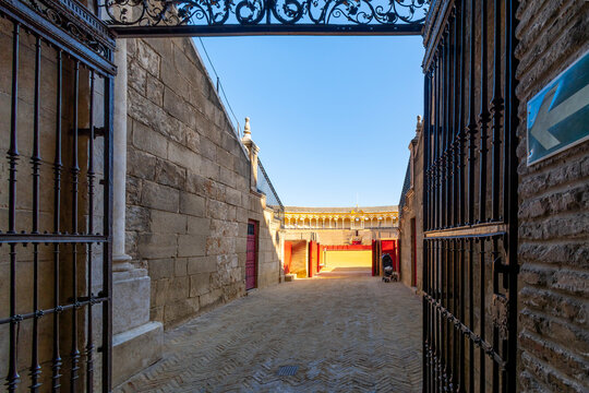 An entrance into the Plaza de toros de la Real Maestranza de Caballer&iacute;a de Sevilla, the historic bullring in the historic center of Seville, Spain.