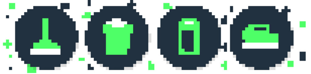 Obraz premium Set line Trash can, Paper towel roll, Handle broom and Brush for cleaning icon. Vector