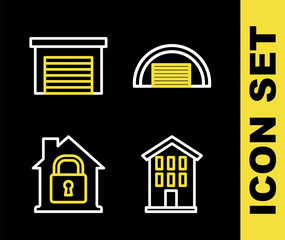 Set line Garage, House, under protection and icon. Vector