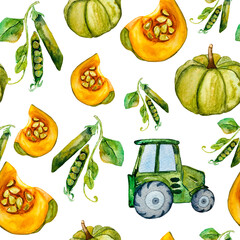Seamless hand drawn watercolor pattern with green peas, pumpkin and tractor for printed fabrics, paper, packaging.