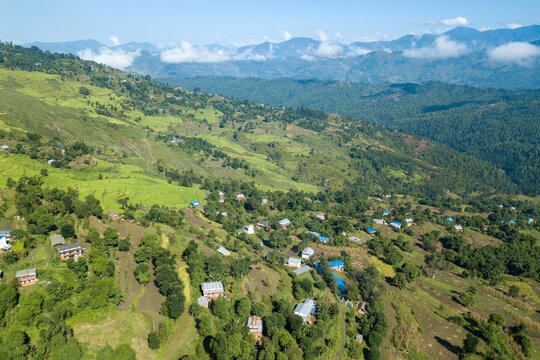 Aerial view of a village in hills of Nepal.