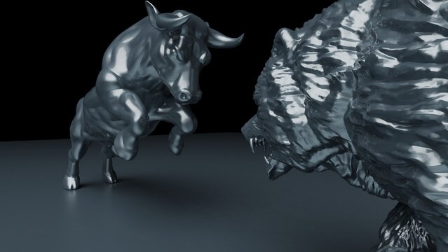 Silver painted bull and bear sculpture staring at each other in dramatic contrasting light representing financial market trends under blue-black background. Concept images of stock market. 3D CG.