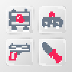 Set line Military knife, Pistol or gun, Handcuffs and Road barrier icon. Vector