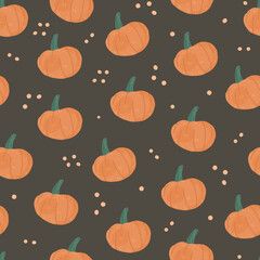 Seamless pattern with hand drawn orange pumpkins and dots flat style, vector illustration on dark background. Halloween wrapping and packaging design, fresh farm vegetable