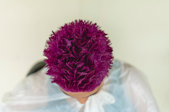 Hair with a purple dye.