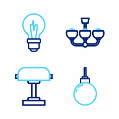 Set line Lamp hanging, Table lamp, Chandelier and Light bulb icon. Vector