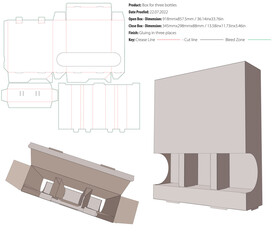 Box for three bottles packaging design template gluing in three places die cut - vector