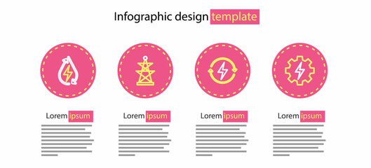 Set line Recharging, Gear and lightning, Electric tower and Water energy icon. Vector
