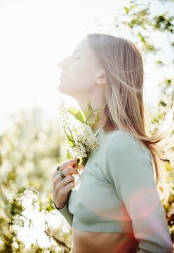 Spring blurred portrait of gentle woman