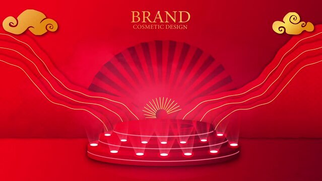 Podium in Chinese New Year style video concept. Moving poster in traditional Asian style with red fan, clouds and pedestal with spotlights. Clip with pop up element. Realistic graphic animated cartoon