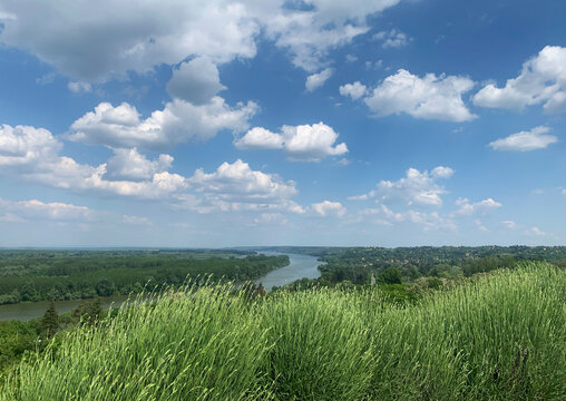 danube river, green grass and blue sky