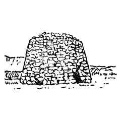 Nuraghe di Santa Sabina. Ruins of Nurhag stone tower. Sardinian ancient architecture. Hand drawn linear doodle rough sketch. Black silhouette on white background. - obrazy, fototapety, plakaty