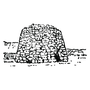 Nuraghe di Santa Sabina. Ruins of Nurhag stone tower. Sardinian ancient architecture. Hand drawn linear doodle rough sketch. Black silhouette on white background.