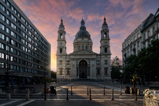 Early Morning Shot Of St. Stephens Basilica In Budapest, Hungary With Colorful Clouds In The Sky.