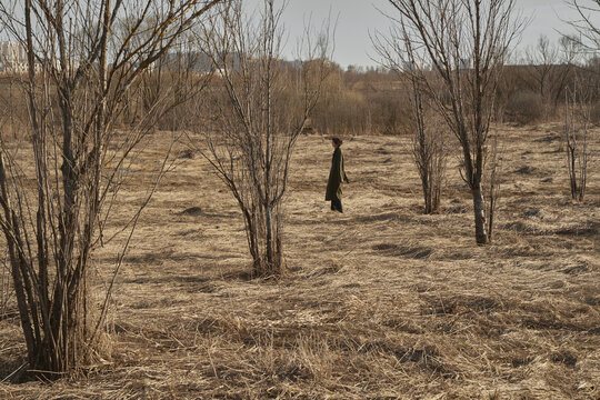 Person walking in dry field near leafless trees