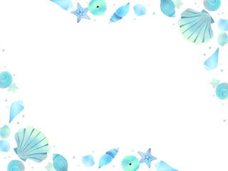 手描きのイラストフレーム、貝殻とヒトデ