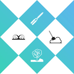 Set Automatic irrigation sprinklers, Planting tree the ground, Gardening handmade scissor and Shovel icon. Vector