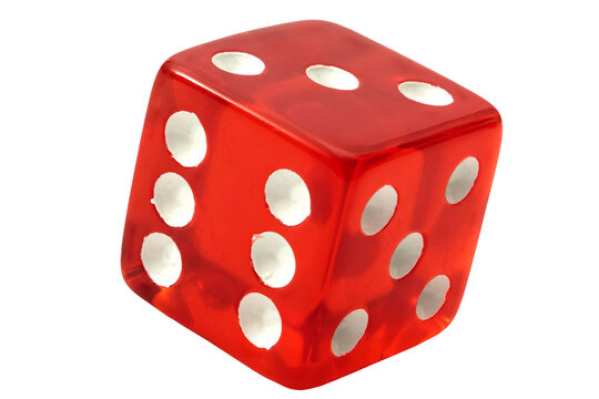 One single die used in the casino game of craps showing 3 on top isolated on white background with clipping path cutout concept for playing board games, lucky gamble and shooting dice