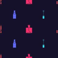 Set Mascara brush, Lipstick, Perfume and Eyeliner, eyebrow on seamless pattern. Vector