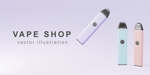 3D Promotional banner for electronic cigarette. The concept of modern smoking, vaping and nicotine. Vector illustration. - obrazy, fototapety, plakaty