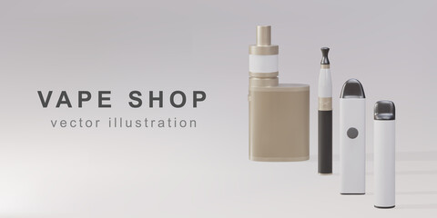3D Promotional banner for vape shop - realistic vaping devices. Vector illustration.