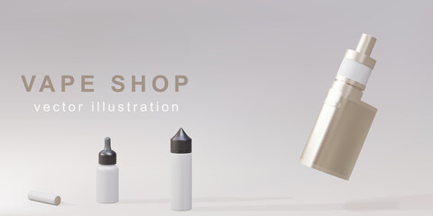 3D Promotional banner for vape shop - realistic golden vaping devices and plastic bottle for vaping. Vector illustration.