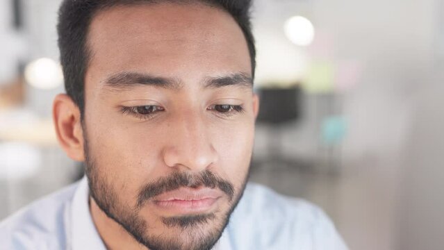 Face of lawyer thinking, reading or studying case while searching for a solution or breakthrough for court trial. Closeup headshot of young attorney and paralegal planning client defense in law firm