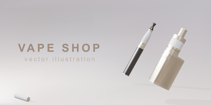 3D Promotional banner for vape shop - two realistic golden vaping devices. Vector illustration.