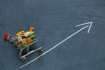Rising food prices.food crisis.Rise in the price of the grocery basket. supermarket trolley with...