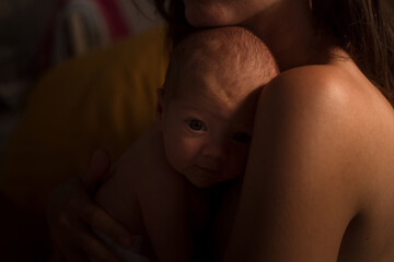 Cute newborn on mother shoulders looking at camera