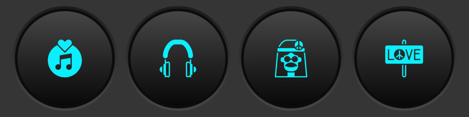 Set Vinyl disk, Headphones, Hippie girl and Peace icon. Vector