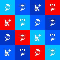 Set Heart in hand, Donation charity, Wheelchair for disabled person and Clothes donation icon. Vector