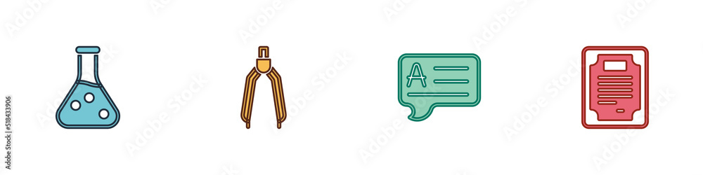 Sticker set test tube, drawing compass, speech bubbles with answer and certificate template icon. vector