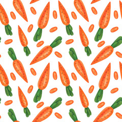 Seamless pattern with carrot. Harvest. Painting. A colored pencil. Color illustration. The print is used for Wallpaper design, fabric, textile, packaging.