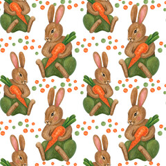 Seamless pattern with bunnies and carrot. Rabbits. Easter. Christmas. New Year. Painting. A colored pencil. Color illustration. The print is used for Wallpaper design, fabric, textile.