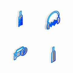 Set Isometric line Headphone and sound waves, Bottle of wine, Electric car and icon. Vector