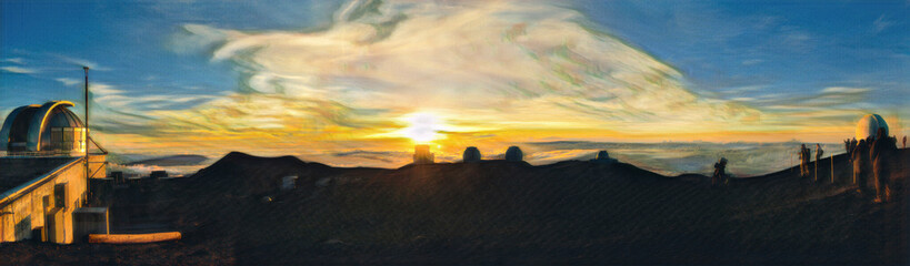 Sunset on Mauna Kea Hawaii, with the clouds below the mountain.  
