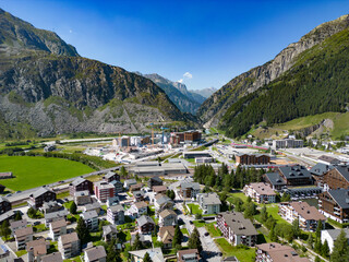 Fototapeta na wymiar Village of Andermatt in Switzerland from above - aerial view