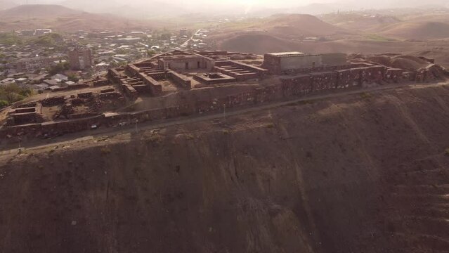 Ruins of ancient city Erebuni. Aerial footage. Drone footage. 