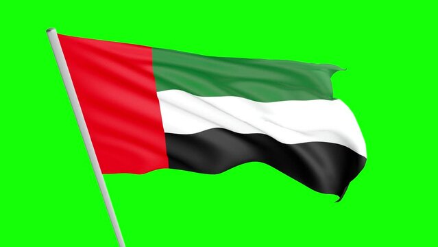 National Flag Of UAE From Top View Waving In The Wind on Green Screen With Alpha Matte