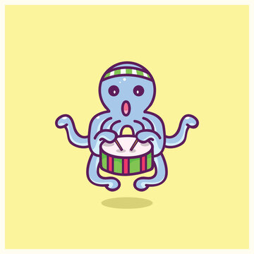 cute octopus playing drum vector