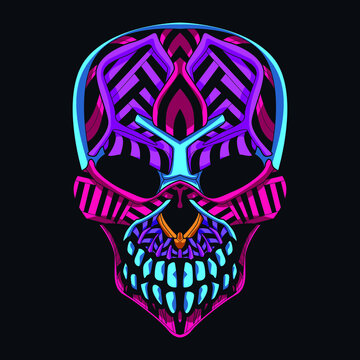 skull neon zentangle artwork illustration