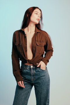 Calm portrait of relaxed model in photo studio