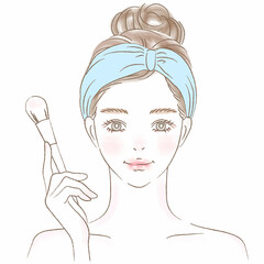 ブラシでメイクするヘアバンドの女性の上半身イラスト