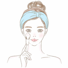 ブラシでメイクするヘアバンドの女性の上半身イラスト