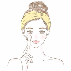 ブラシでメイクするヘアバンドの女性の上半身イラスト