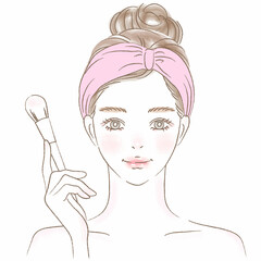 ブラシでメイクするヘアバンドの女性の上半身イラスト