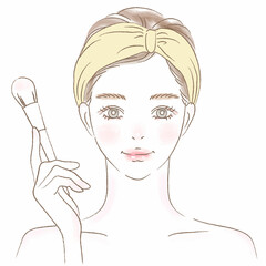 ブラシでメイクするヘアバンドの女性の上半身イラスト